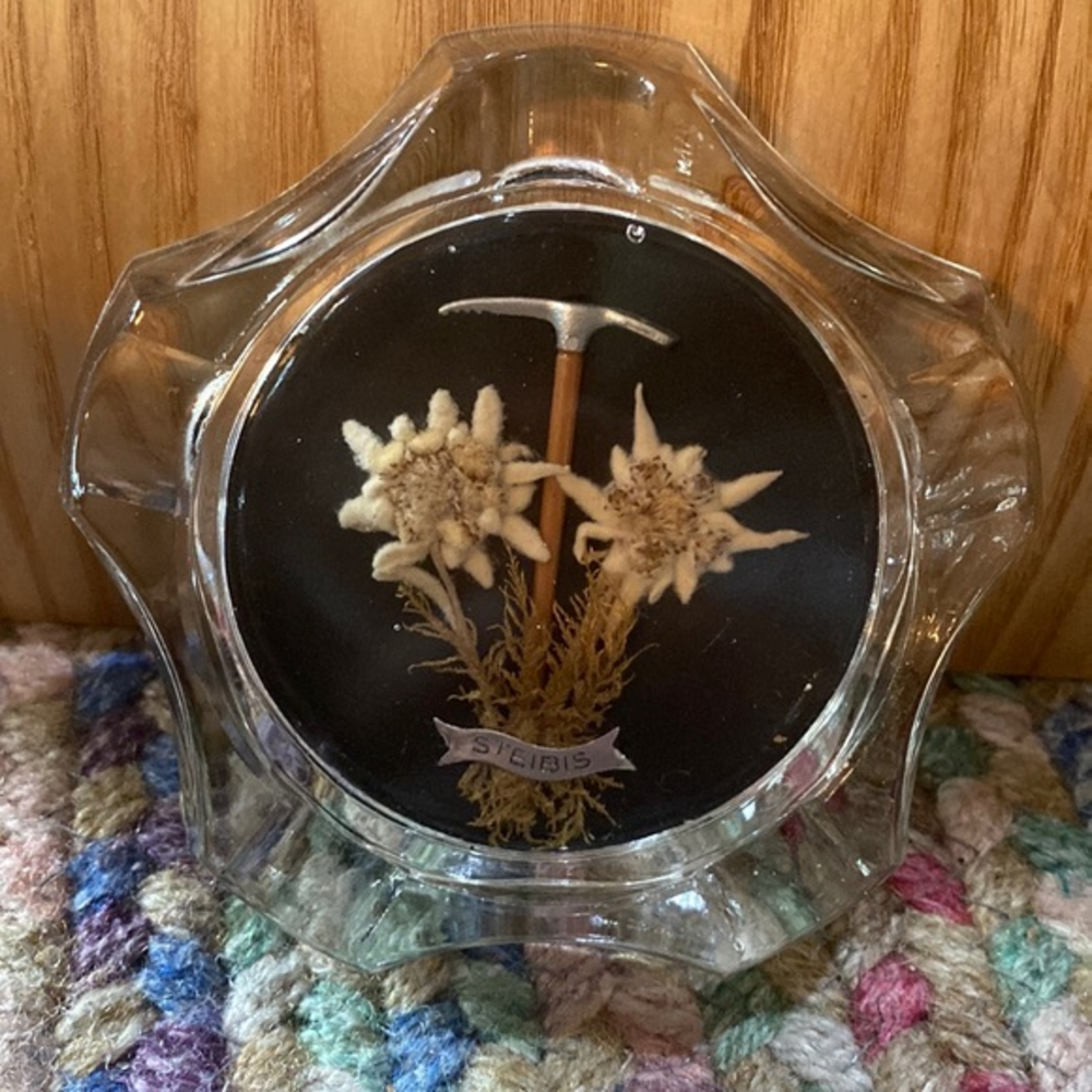 Vintage Edelweiss Glass Ashtray Switzerland Souvenir Steibis Alpine MCM